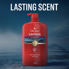 Old Spice Captain next to shampoo to show 33.4 oz size and value benefit