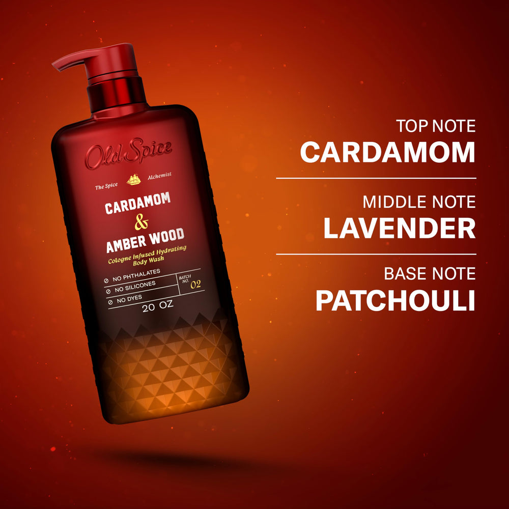 Cardamom seeds and amber wood still life with Old Spice indicating natural-inspired notes and sophisticated scent benefit