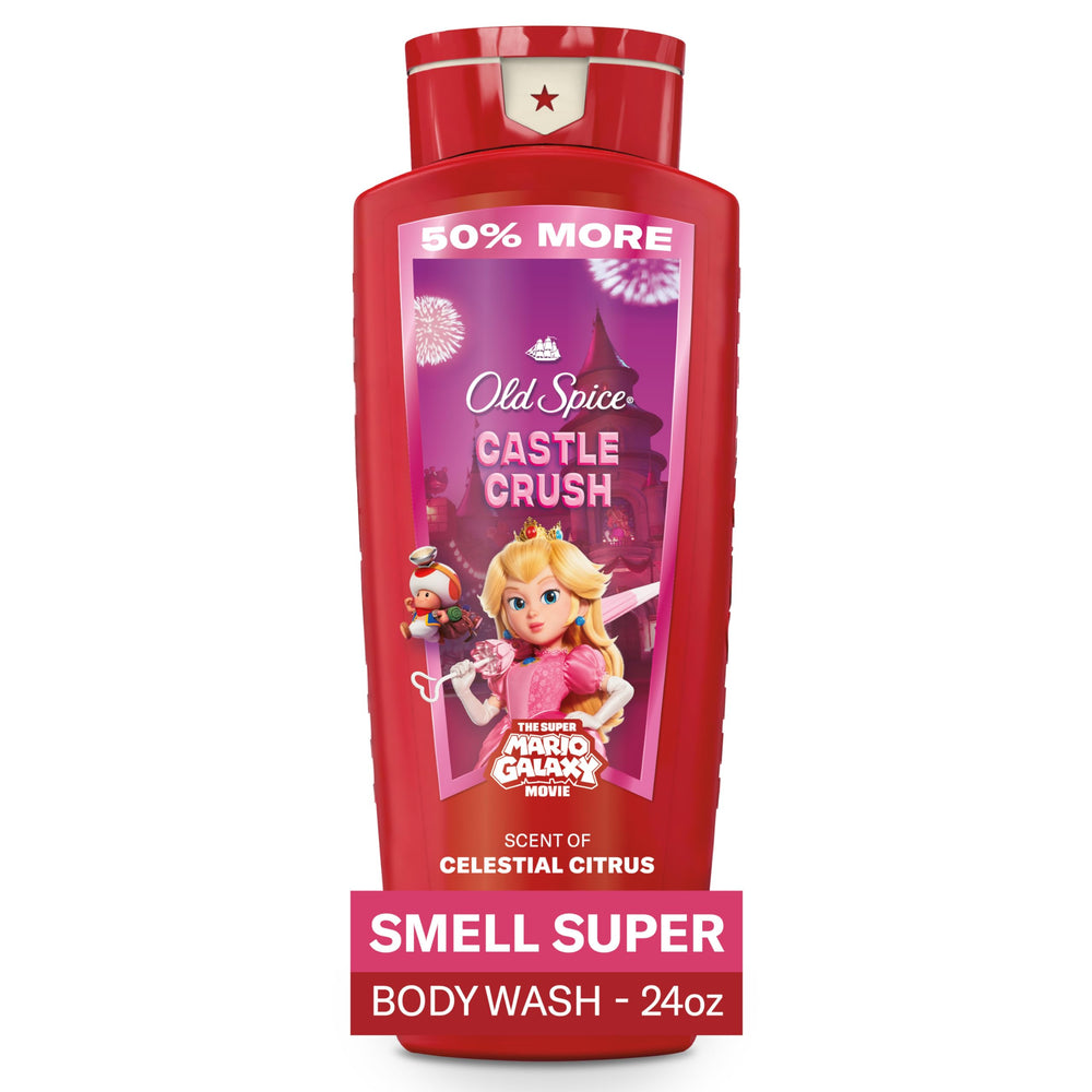 Old Spice Castle Crush front bottle showing label and large 24 oz size benefit