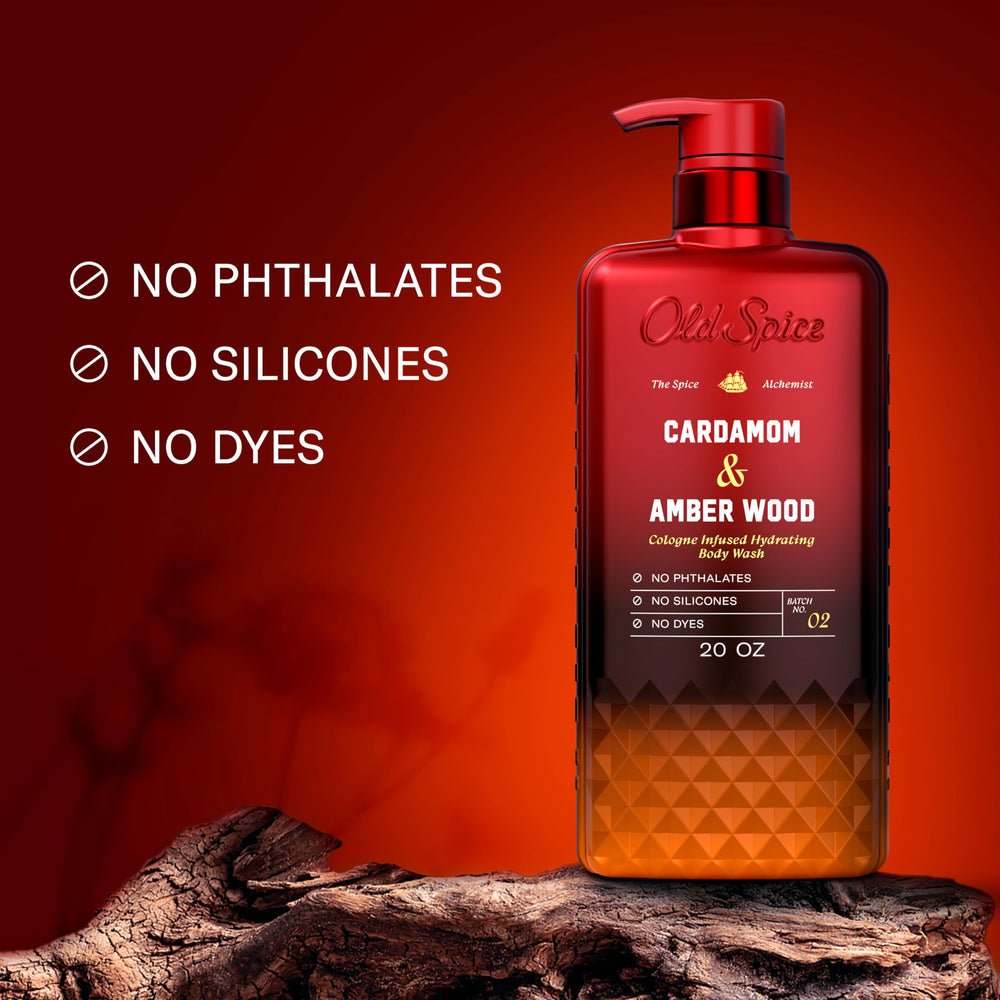 Old Spice close-up label showing ingredient highlights and benefit of no phthalates silicones dyes