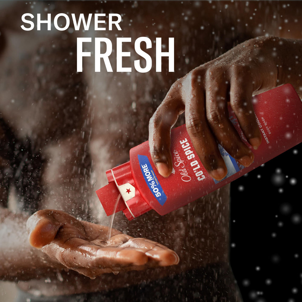 Bottle size comparison with a standard shower product showing Old Spice 24 oz value and longevity