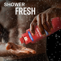 Bottle size comparison with a standard shower product showing Old Spice 24 oz value and longevity