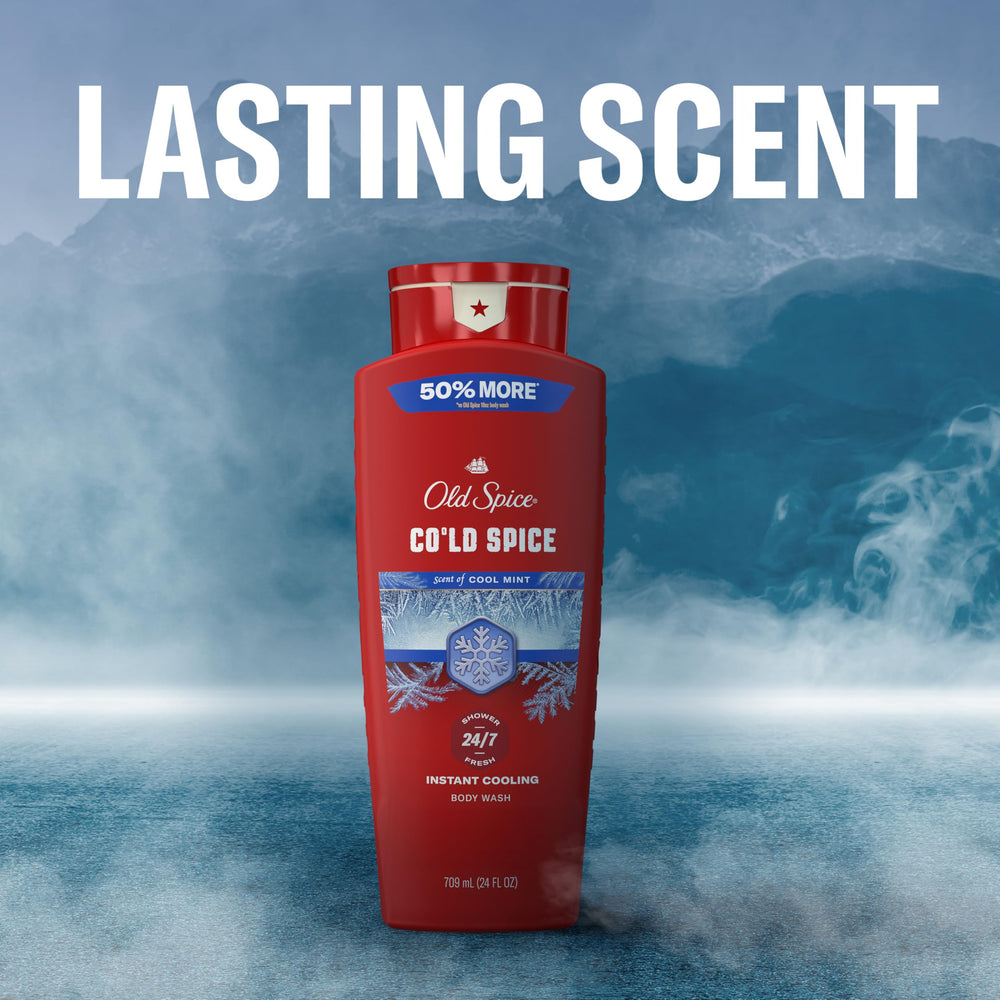 Old Spice body wash placed with other Red Collection items to suggest layering a signature scent