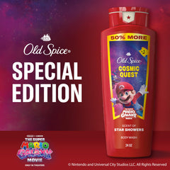 Old Spice next to a water bottle to show 24 oz size and long-lasting supply