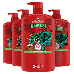 Old Spice bottle front packaging showing Dragonblast scent and benefits