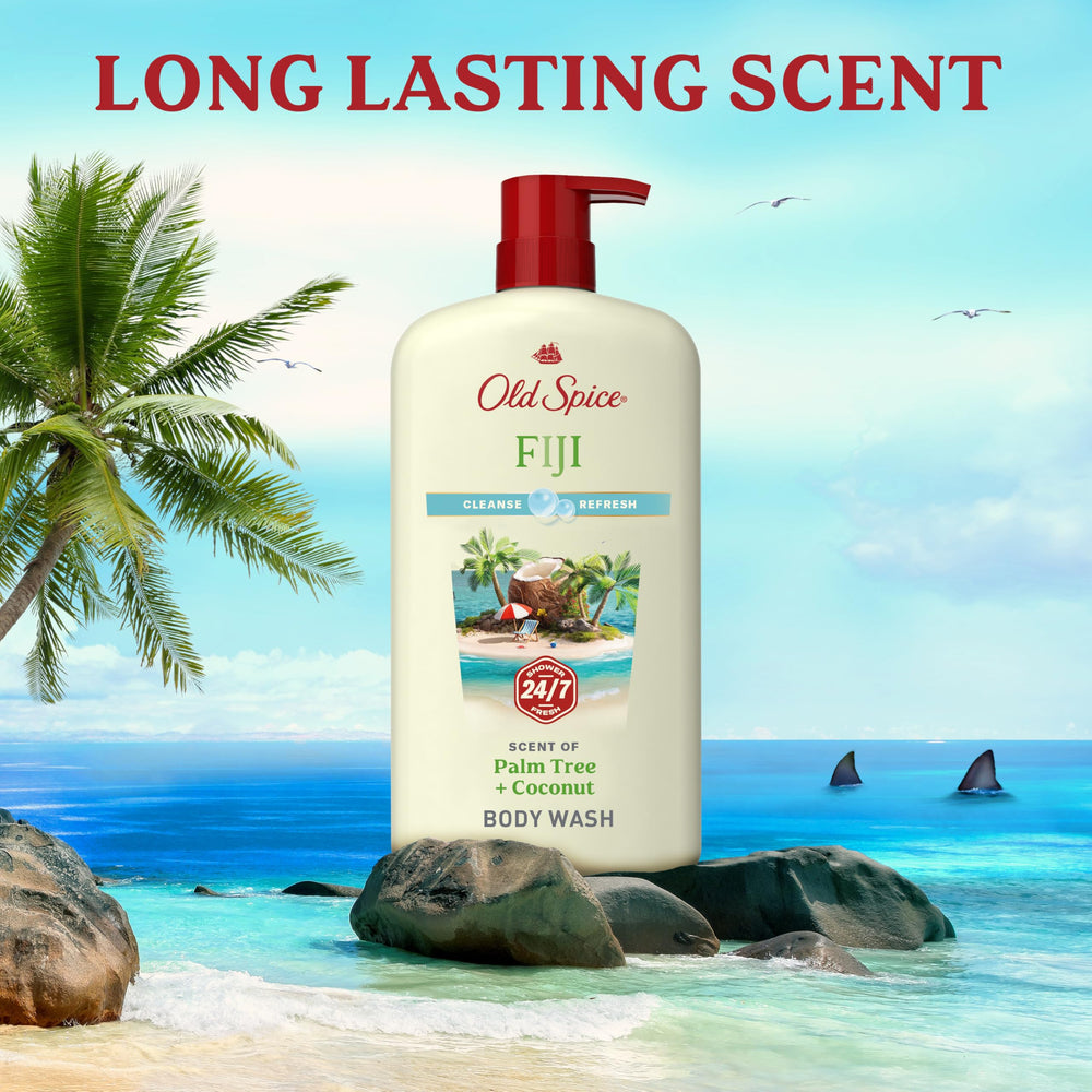 Old Spice Fiji four bottles lined up indicating bulk value and multi-bathroom use