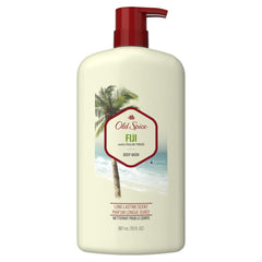Old Spice bottle front label showing Fiji scent and 30 fl oz volume, clear branding and benefit