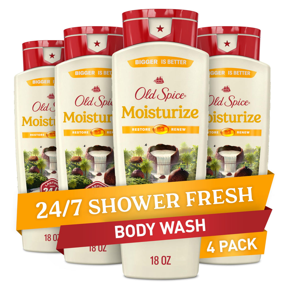 Old Spice front packaging showing 18 oz bottle and bold branding benefit: clear product identity