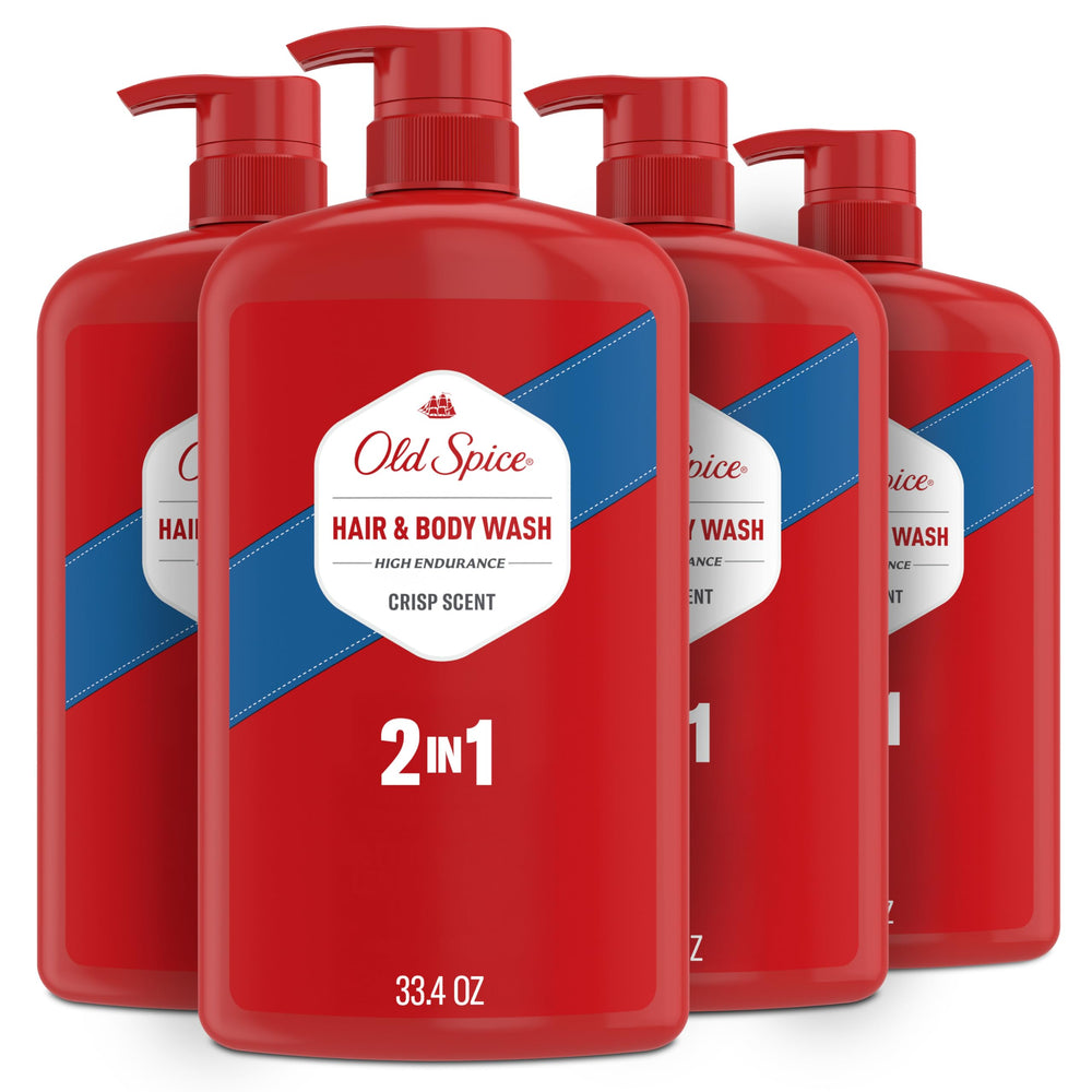 Old Spice bottle front view showing crisp scent and easy-grip cap