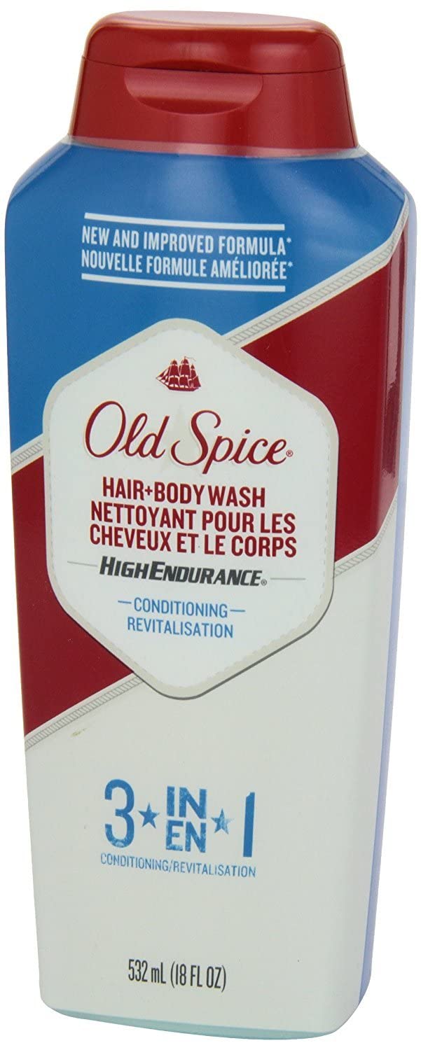 Old Spice bottle held in hand for size comparison, showing generous 18 oz supply and value