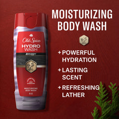 Old Spice Hydro Wash pump and cap close-up showing easy dispensing benefit