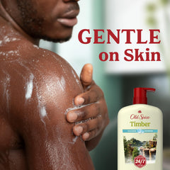 Old Spice bottle in use under shower with visible rinse, ensures effective cleanse