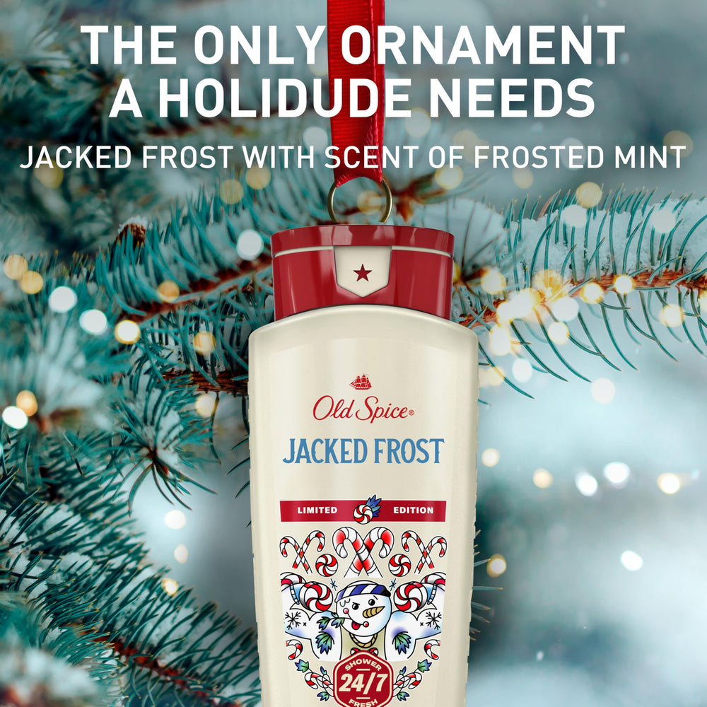 Old Spice Jacked Frost body wash in a shower scene providing post-shower freshness benefit