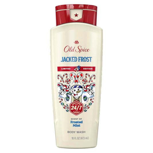 Old Spice Jacked Frost front packaging showing festive bottle and minty scent benefit