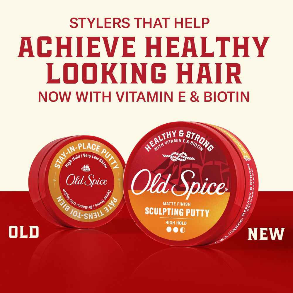 Open jar close-up revealing putty texture, Old Spice product shows easy-to-work consistency