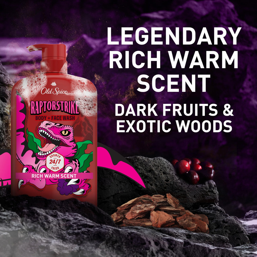 Old Spice dark berry and wood visual suggesting bold lasting fragrance benefit