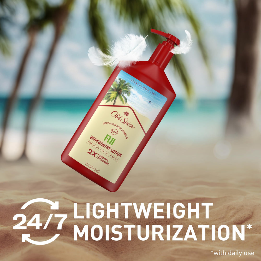 Old Spice Fiji scent notes with coconut and palm visuals indicating fresh tropical aroma