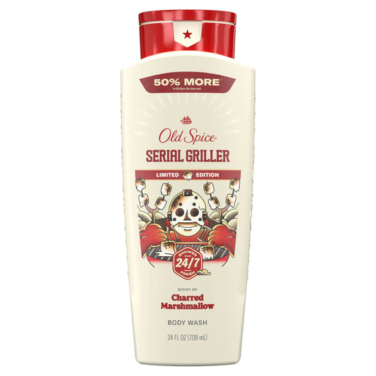 Old Spice bottle front view showing Serial Griller scent and bold packaging benefit