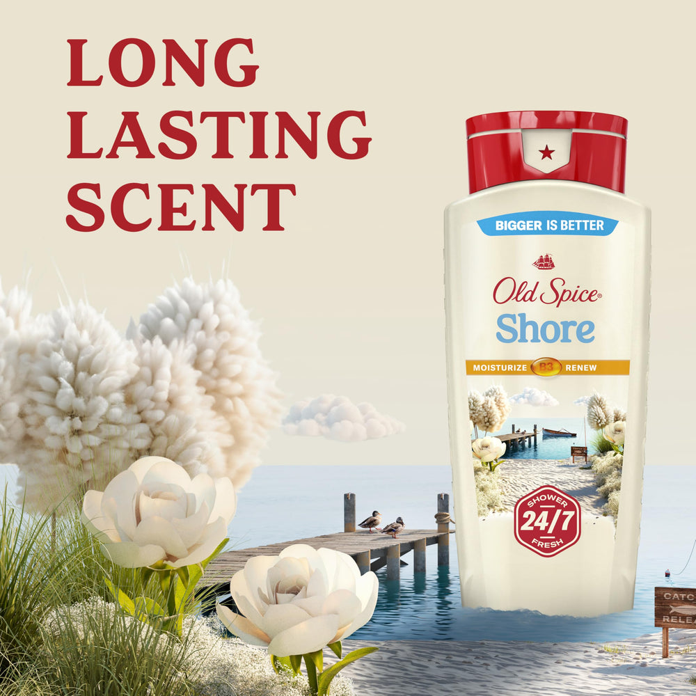 Old Spice bottle placed in shower scene conveying everyday convenient use