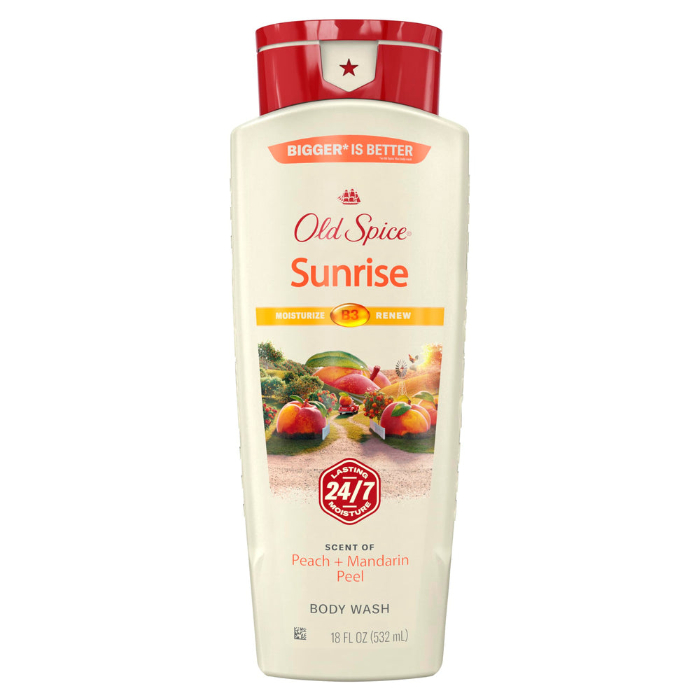 Old Spice bottle front label showing Sunrise scent and benefits