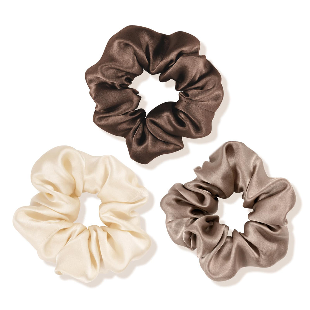 OLESILK front packaging showing three silk scrunchies and premium gift-ready presentation