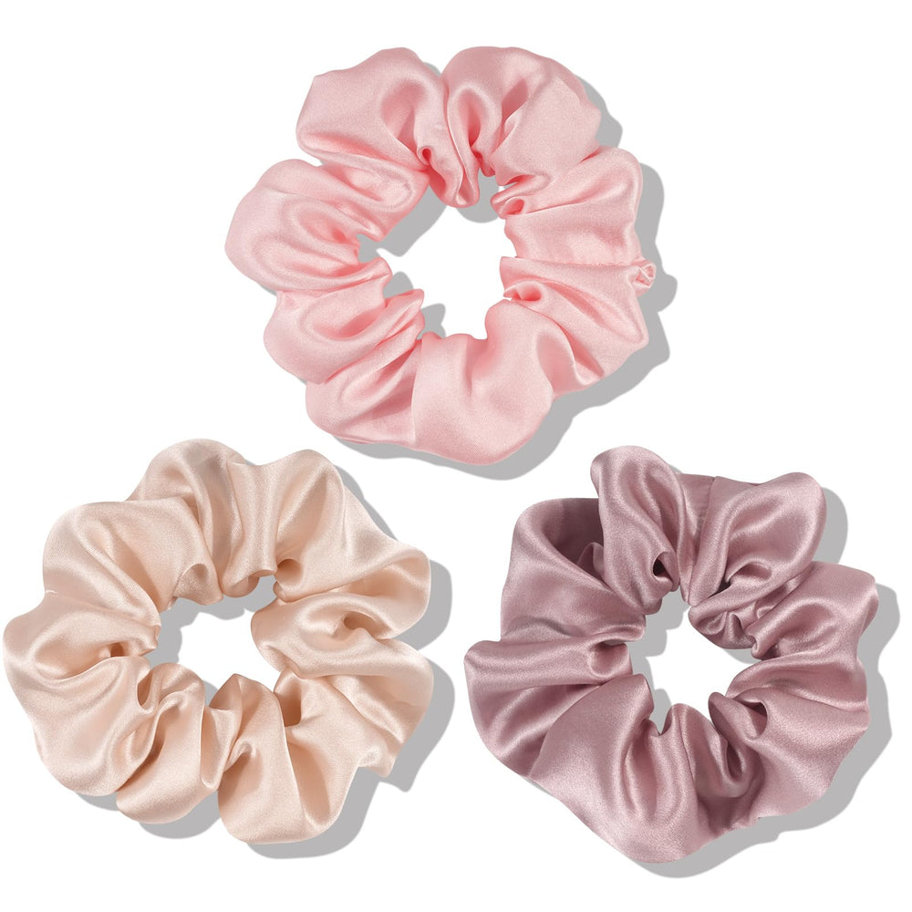 OLESILK front packaging showing three silk scrunchies and benefits