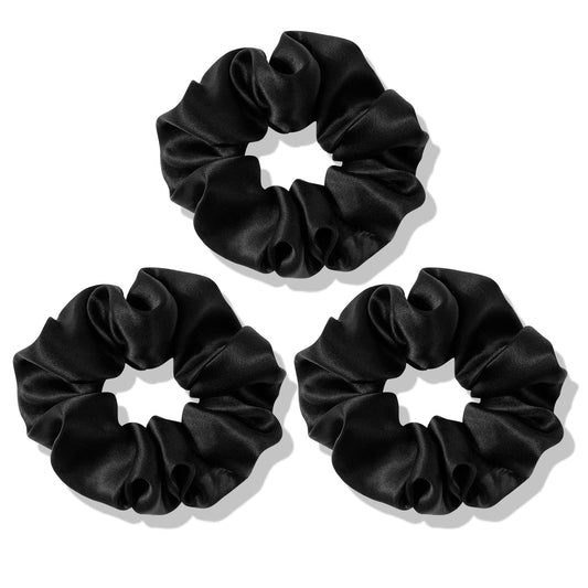 OLESILK front packaging showing three silk scrunchies, elegant protective hair ties