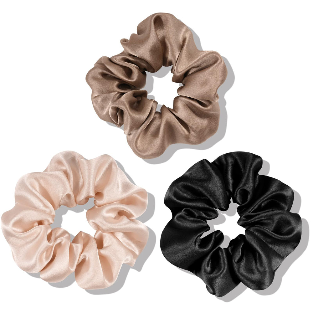 OLESILK front packaging showing three silk scrunchies and color variety for styling