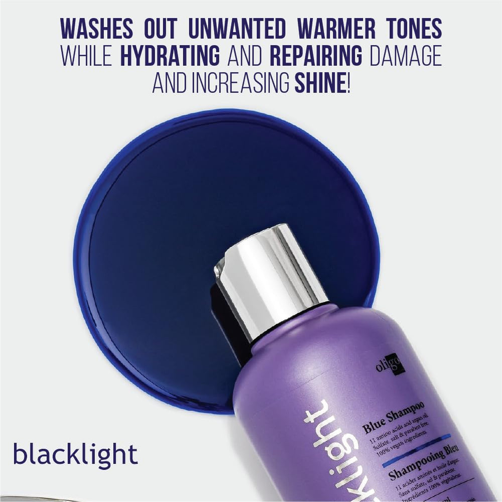 Oligo Professionnel blue shampoo foam texture that tones brassiness