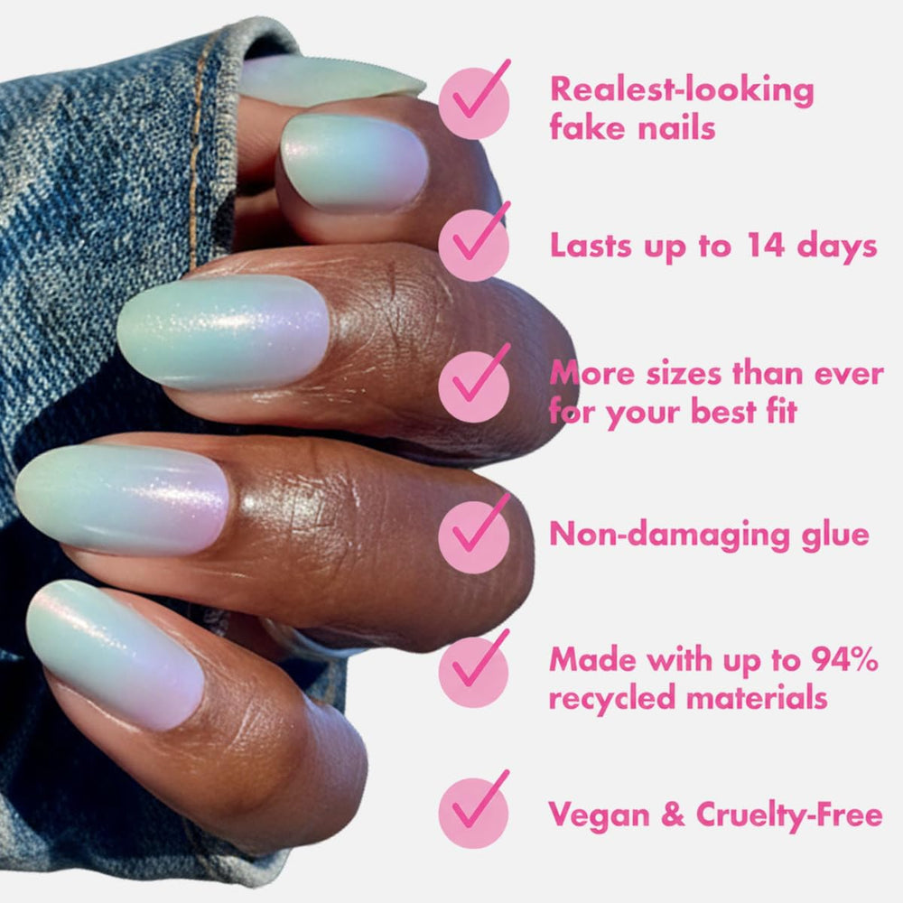 Olive & June array of 42 nails in 21 sizes showing inclusive fit