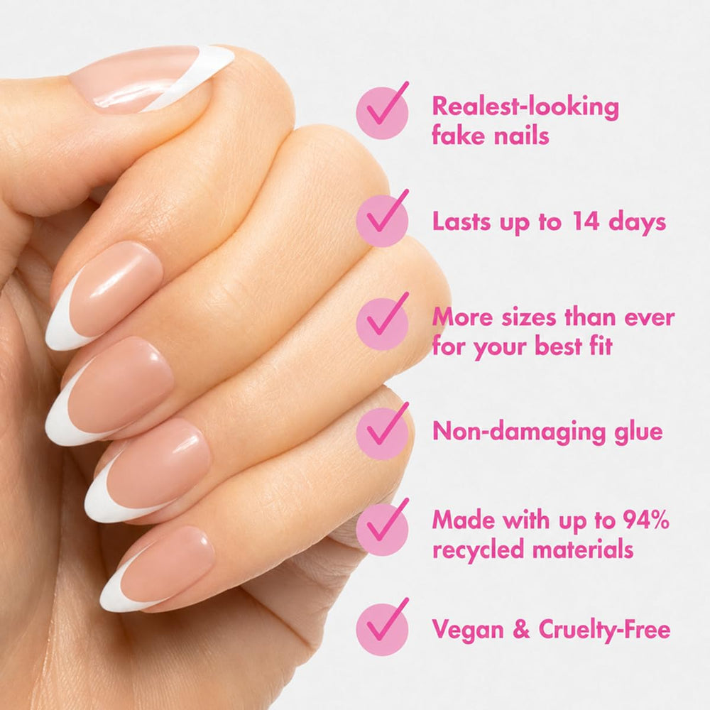 Olive & June close-up of almond-shaped nail edge showing realistic curvature benefit