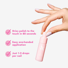 Olive & June drop landing on painted nail showing quick dry action and glossy finish benefit