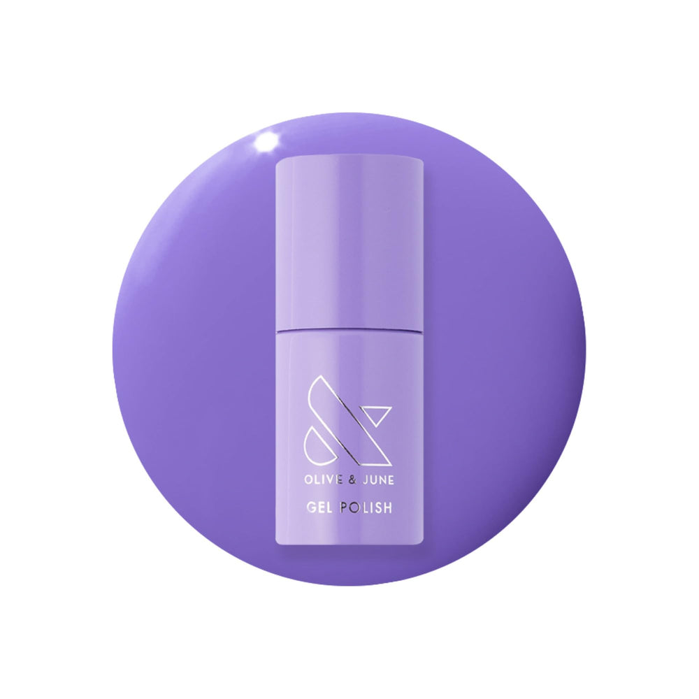 Olive & June bottle front view showing bold purple color and glossy finish benefit