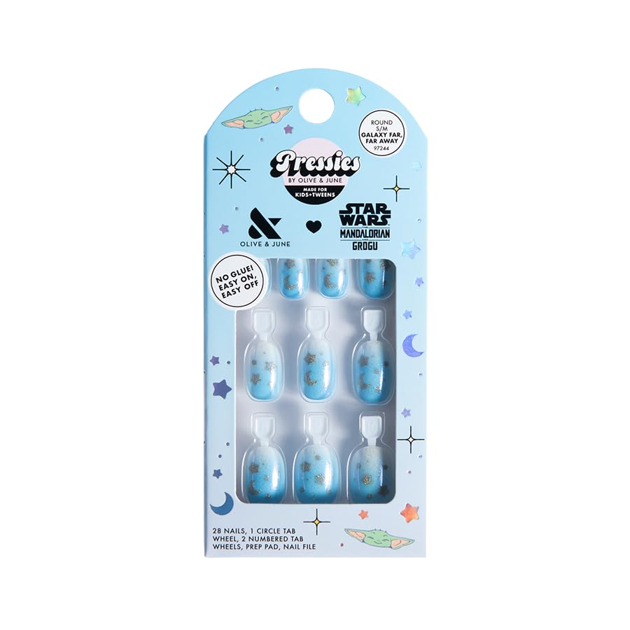 Olive & June front packaging showing Mandalorian and Grogu themed kid press-on nails and contents