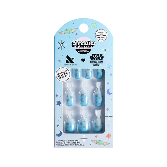 Olive & June front packaging showing Mandalorian and Grogu themed kid press-on nails and contents