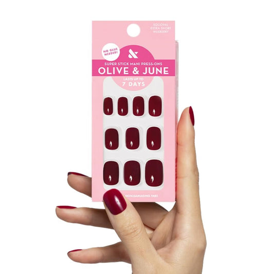 olive & june front packaging showing mulberry maroon shade and benefits