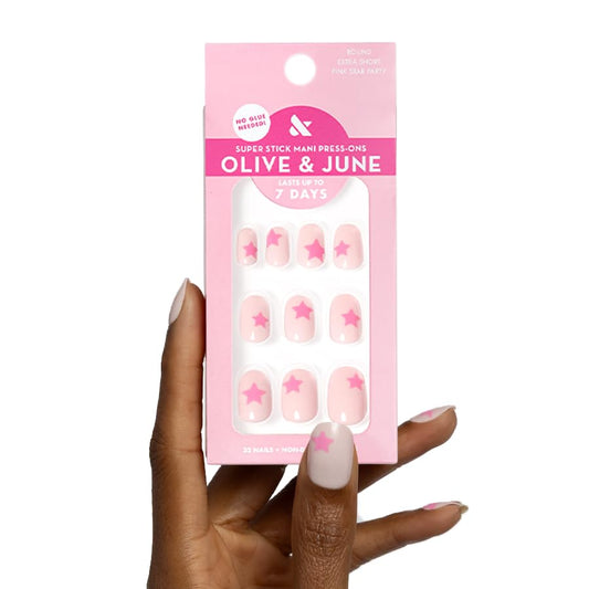 olive & june front packaging showing Pink Star Party and kit contents for instant mani