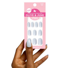 Olive & June front packaging showing rink pastel blue nails and benefits