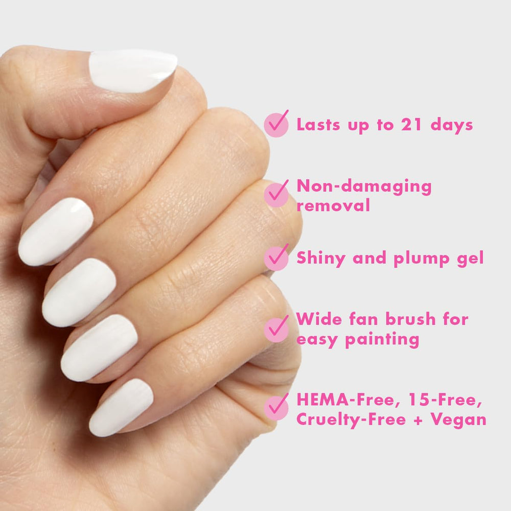 Olive & June manicured fingernails in HD Crisp White showing lasting shine benefit