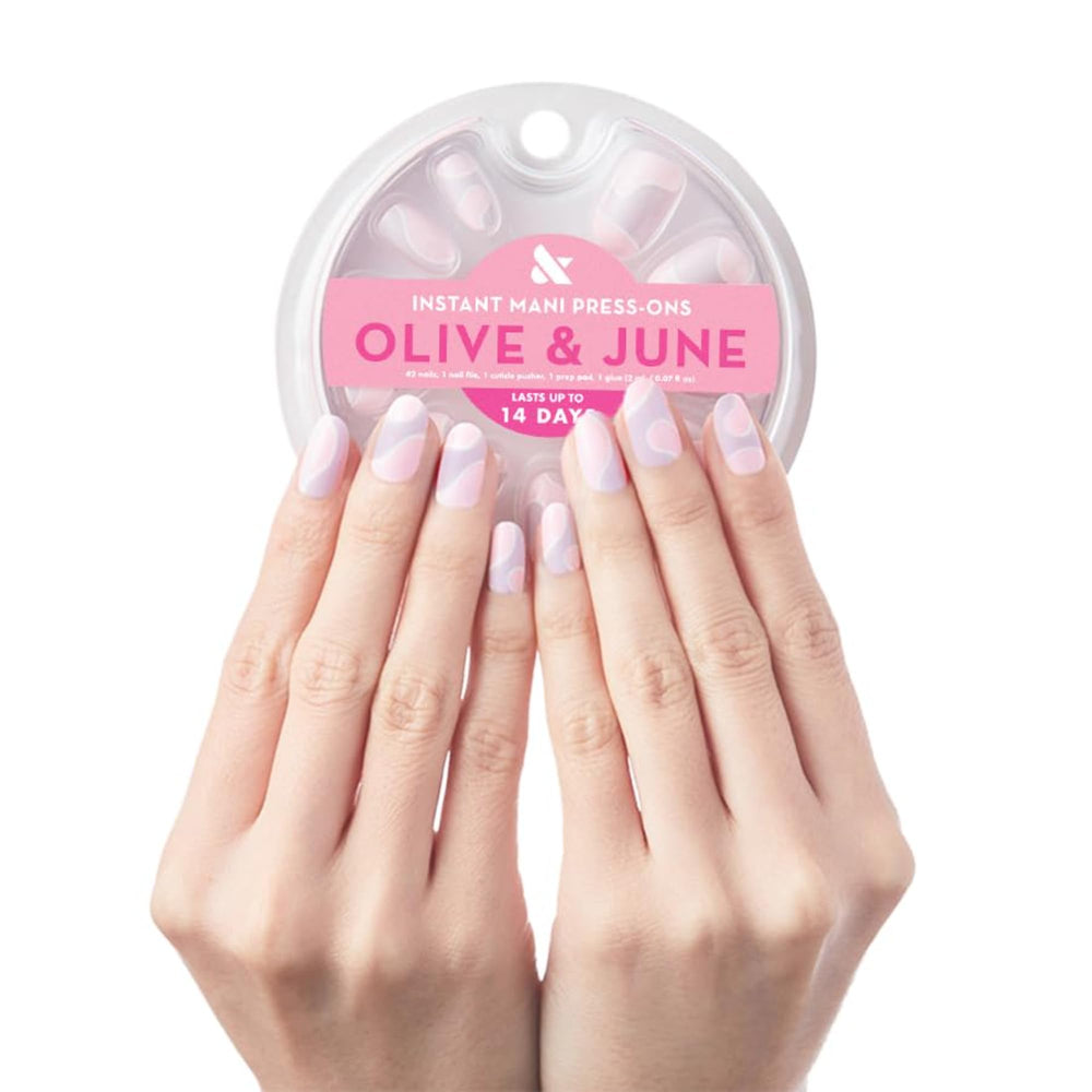 Olive & June front packaging showing groovy swirl design and salon-quality finish