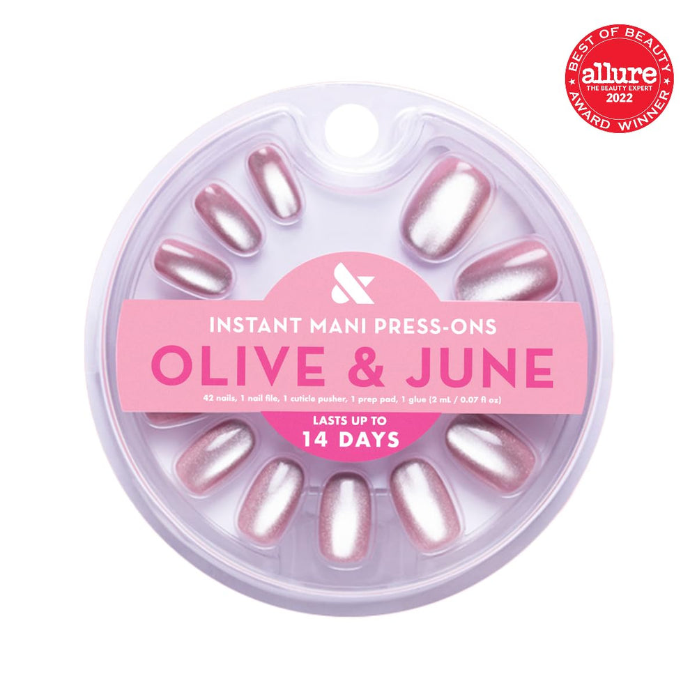 Olive & June array of 42 press-ons laid out to show 21 sizes benefit