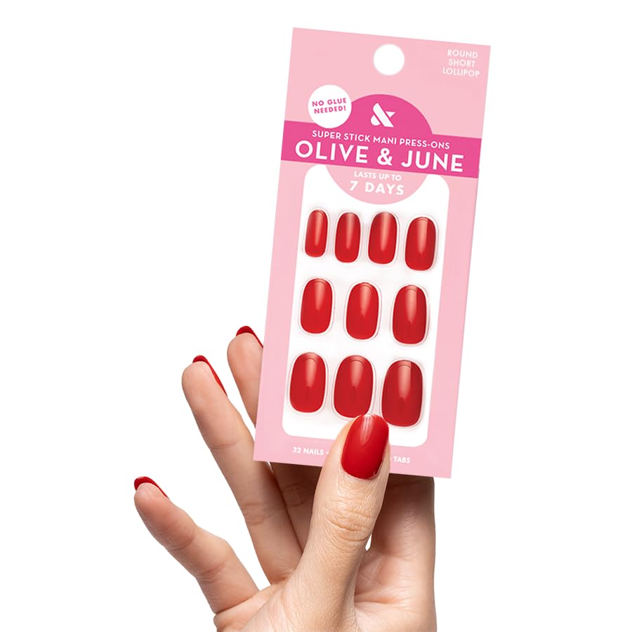 Olive & June front packaging showing lollipop cherry red shade and kit benefits