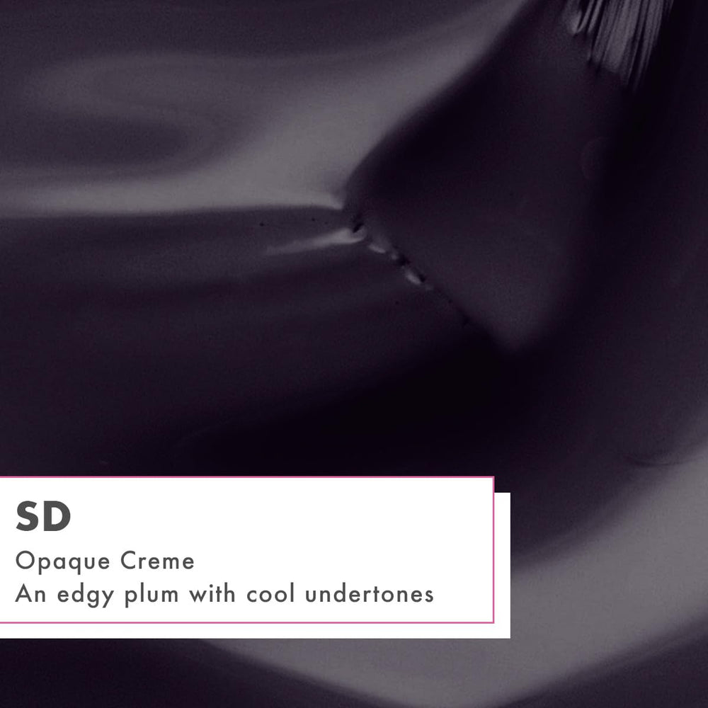 Olive & June label close-up highlighting Plum Purple SD and HEMA-free ingredient benefit