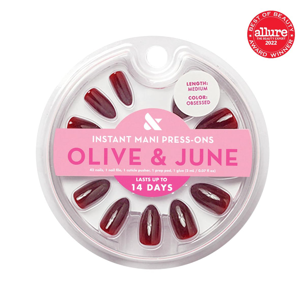 Olive & June spread of all 42 press-on nails showing selection and fit