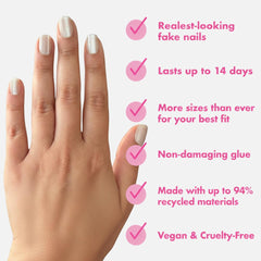 Olive & June hands applying press-on nails demonstrating easy salon-quality results