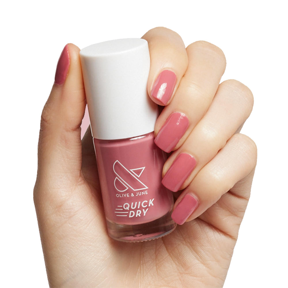 Olive & June front packaging showing Primrose rosy pink polish and benefit fast-dry