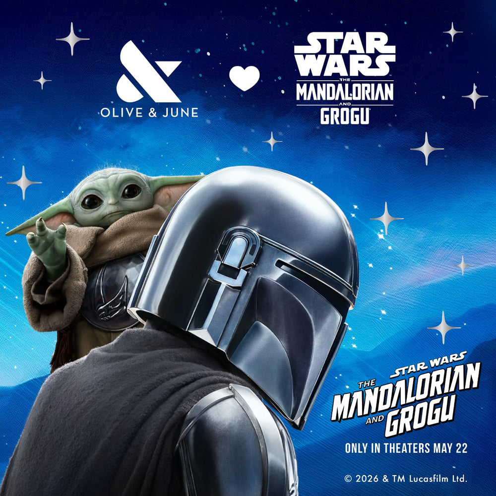 Olive & June recycled materials label emphasizing eco-friendly benefit
