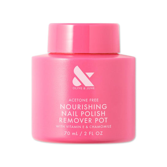 Olive & June remover pot front packaging showing clean, portable design and benefit of no‑mess removal