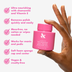 Olive & June remover pot sponge cap close‑up highlighting toe application ease and controlled saturation