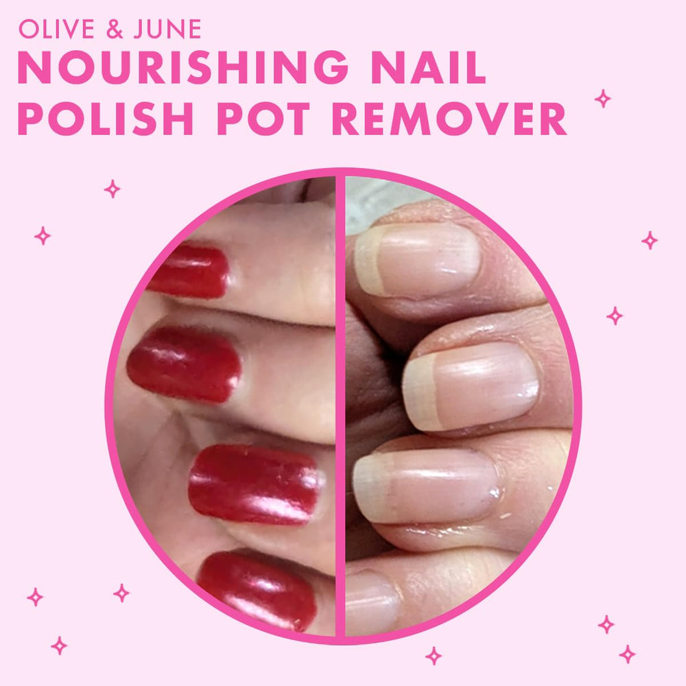 Toe being wiped on Olive & June remover pot cap showing gentle removal and tidy pedicure benefit